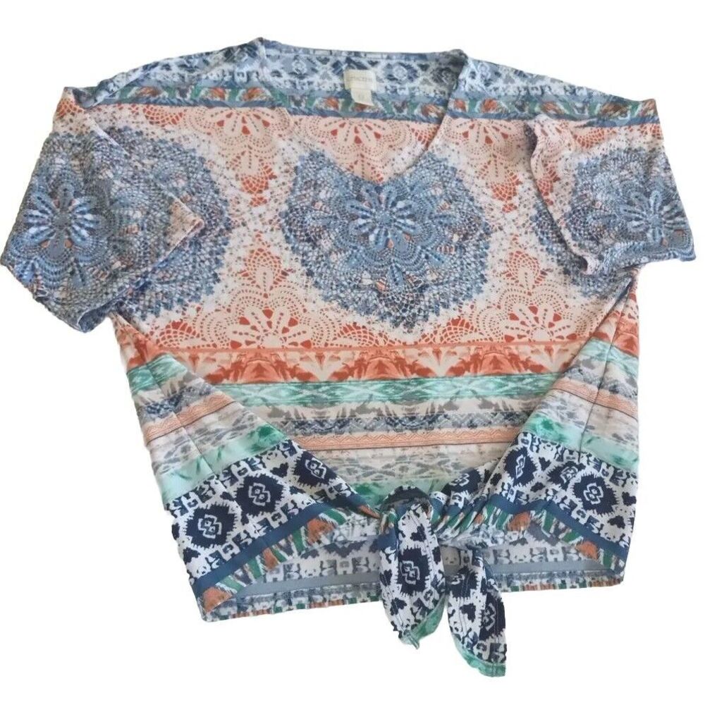 Chico Women's Short Sleeve Size 0 Spiral Multicolor‎ Blouse Polyester Spandex